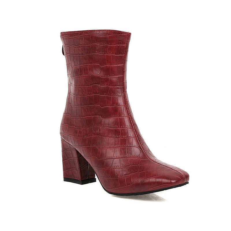 Stone Pattern Stretch Boots Square Toe Boots Red