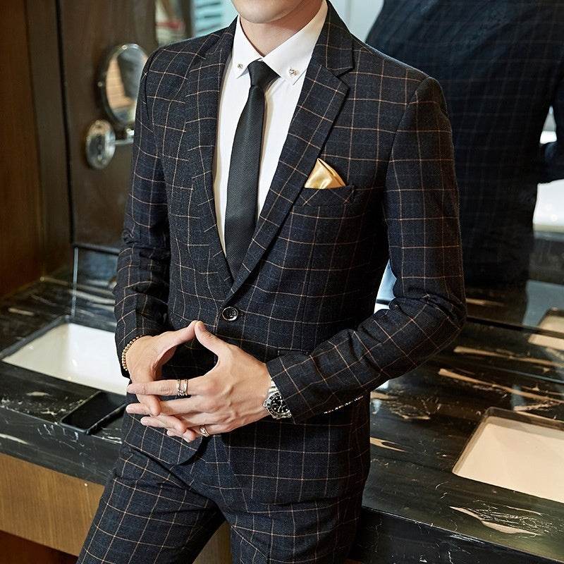 Men's Korean-style Business Suit Slim-fit Plaid Casual Wear Gray Suit