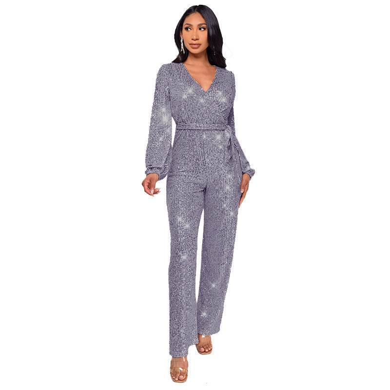 High Waist Wide Leg Sequined Belt Jumpsuit Gray