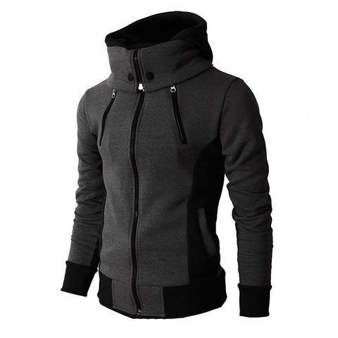 Men's Zip UP Hooded Jacket Fake Two Piece Sports Cardigan Casual Slim Sweatshirt Jacket Dark grey