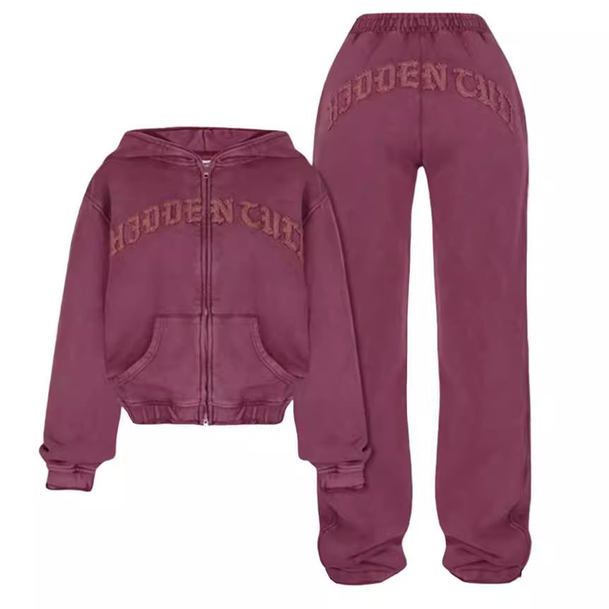 Ins Letter Sports Suit Zip-up Hooded Cropped Sweatshirt Top And Loose Drawstring Trousers Fashion Womens Clothing Wine Red