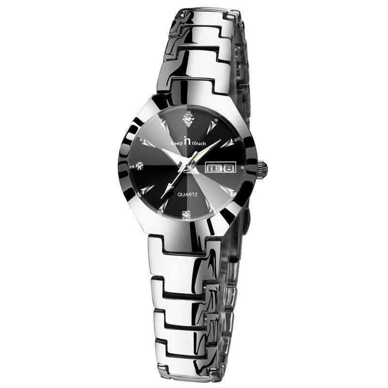 Luminous watch couple watch calendar quartz watch Silver black Female