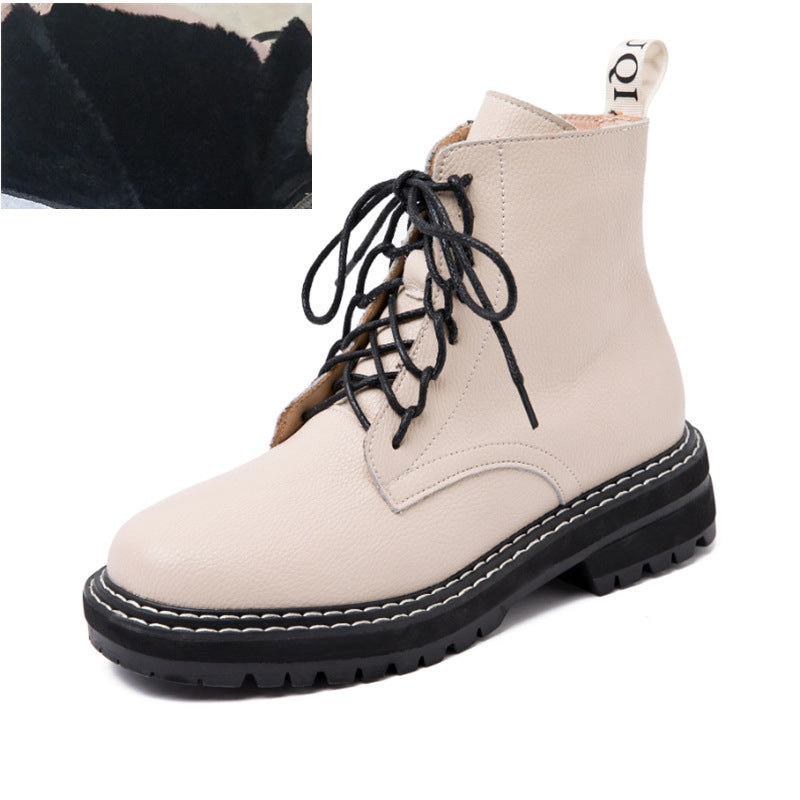 Women's boots with round toe straps Beige plus velvet
