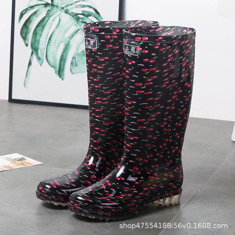 Women's Floral Knee-high Rain Boots Long Non-slip Wear-resistant Rain Boots Red Cherry