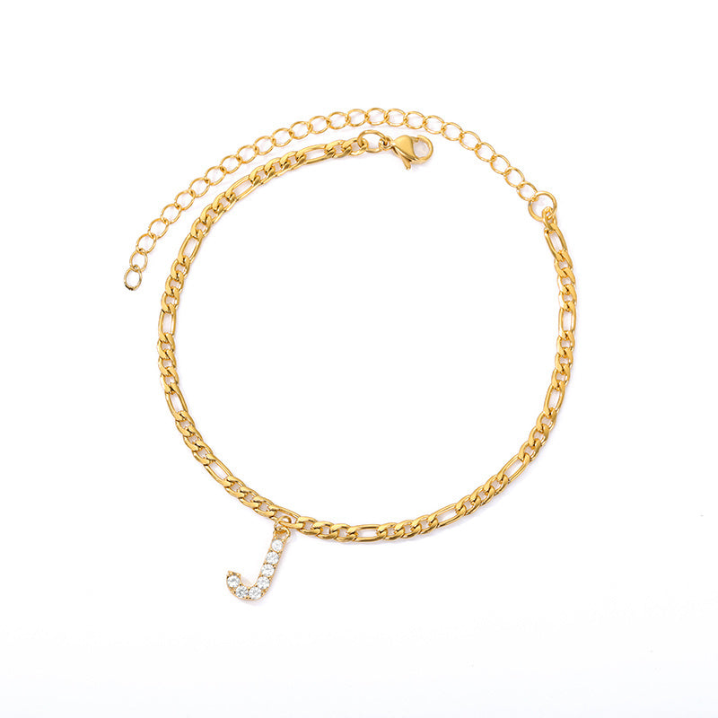 English Alphabet Stainless Steel Zircon All-match Anklet J