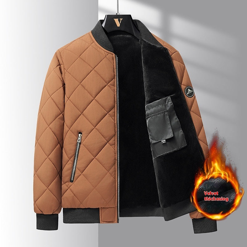Fashion Rhombic-sewing Design Cotton Coat Winter Warm Thickened Baseball Jacket Casual Solid Color Outwear Clothing For Men Khaki