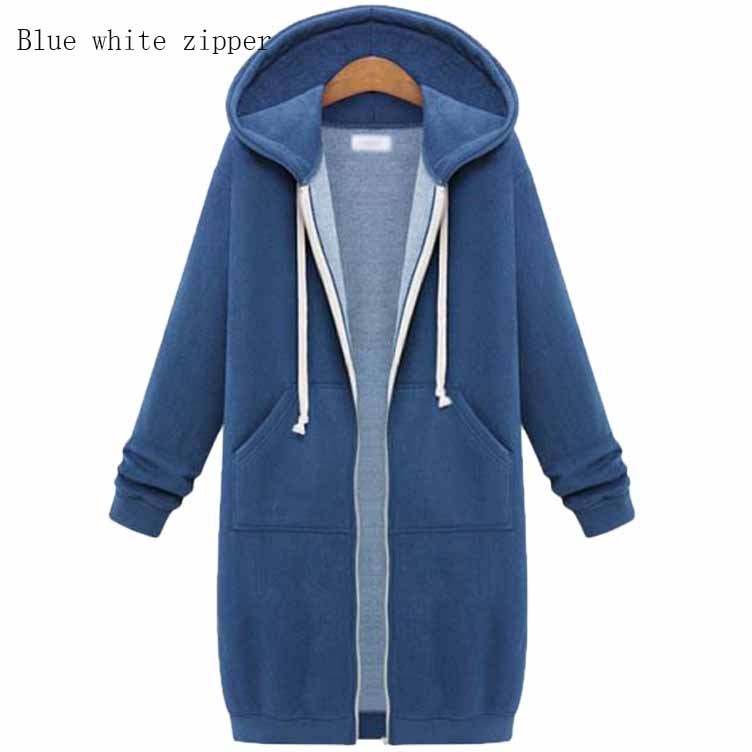 Hooded Long Sleeve Sweater Fleece Long Jacket Blue white zipper