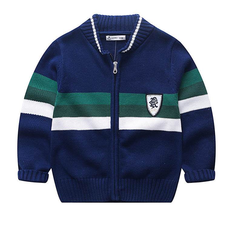 Round Neck Striped Color-block Zipper Sweater Blue