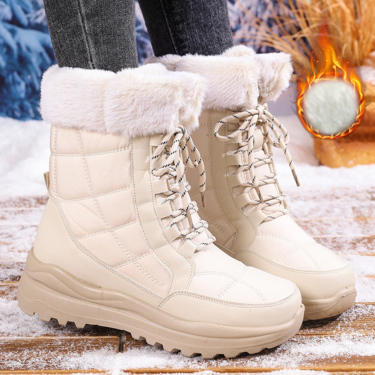 Women's High-top Snow Boots Fleece-lined Non-slip Waterproof Boots Beige