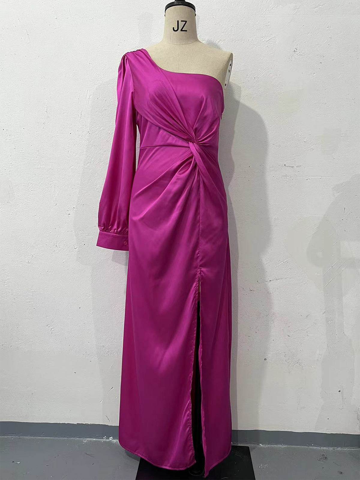 Women's One-shoulder Split Dress Ins Fashion Long-sleeved Slim Long Dresses Party Evening Clothing Rose Red