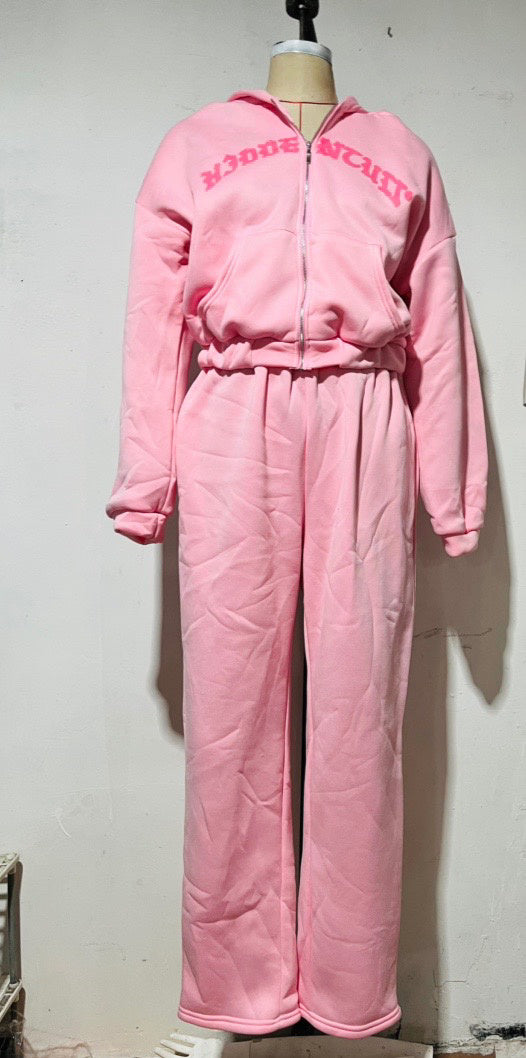 Ins Letter Sports Suit Zip-up Hooded Cropped Sweatshirt Top And Loose Drawstring Trousers Fashion Womens Clothing Pink