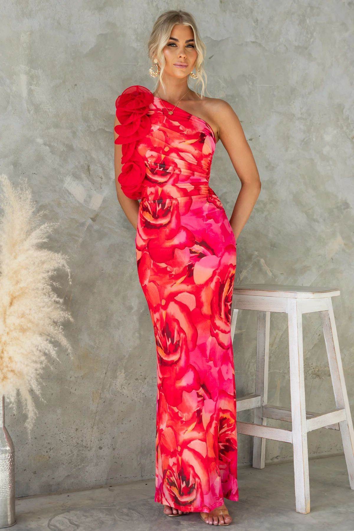 Women's Slim Sleeveless Three-dimensional Flower Dress Red