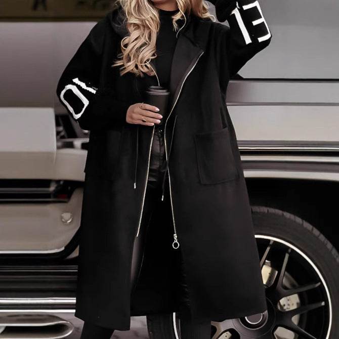 Hooded Windbreaker Long Jacket With Pockets And Drawstring Design Solid Color Knit-Sleeved Trench Coat For Women Clothing Fall Winter Black