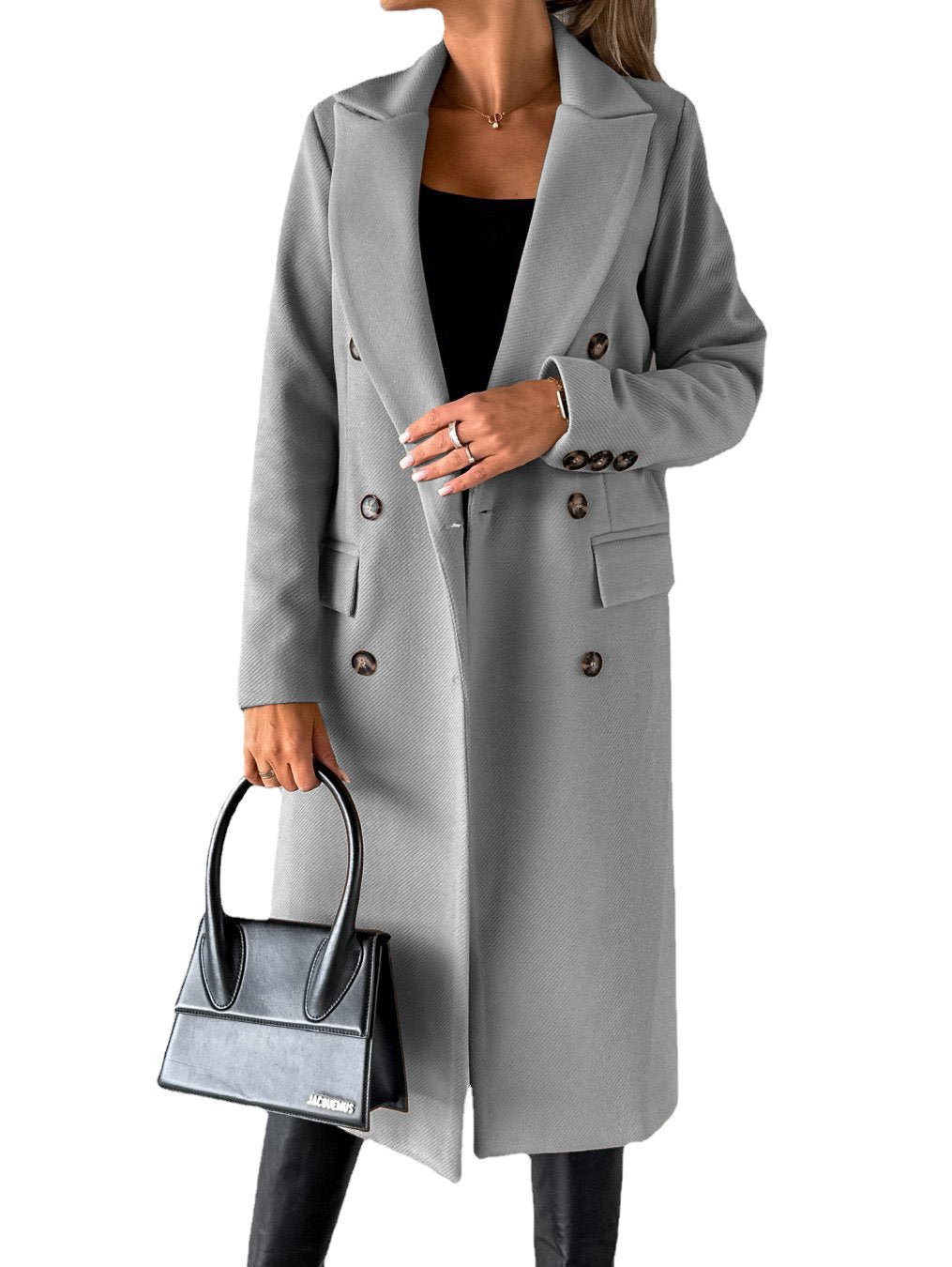 Long Sleeve Lapel Coat Winter Fashion Solid Double Breasted Slim Long Jacket Womens Clothing Light Grey