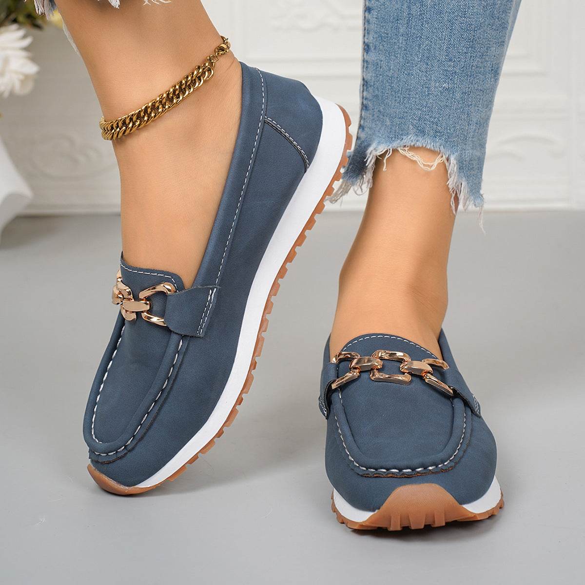 Oversized Shoes Female Metal Chain Flat Platform Casual Loafers