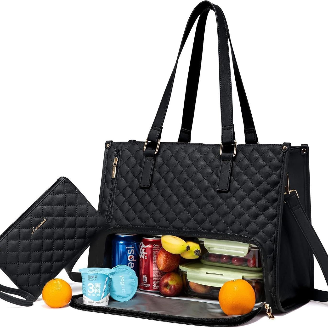 Convenient Commute New Lunch Bag Women's Insulated Lunch Box Women's Leak-proof Large Purse Diagonal Computer Storage Black 36x16x30cm