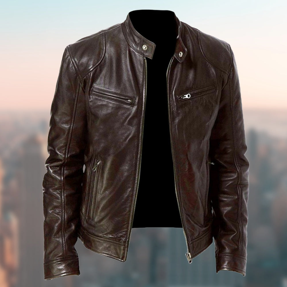 Gentleman's Warm Zipper Cardigan Pocket Decorated Pu Leather Coat Brown