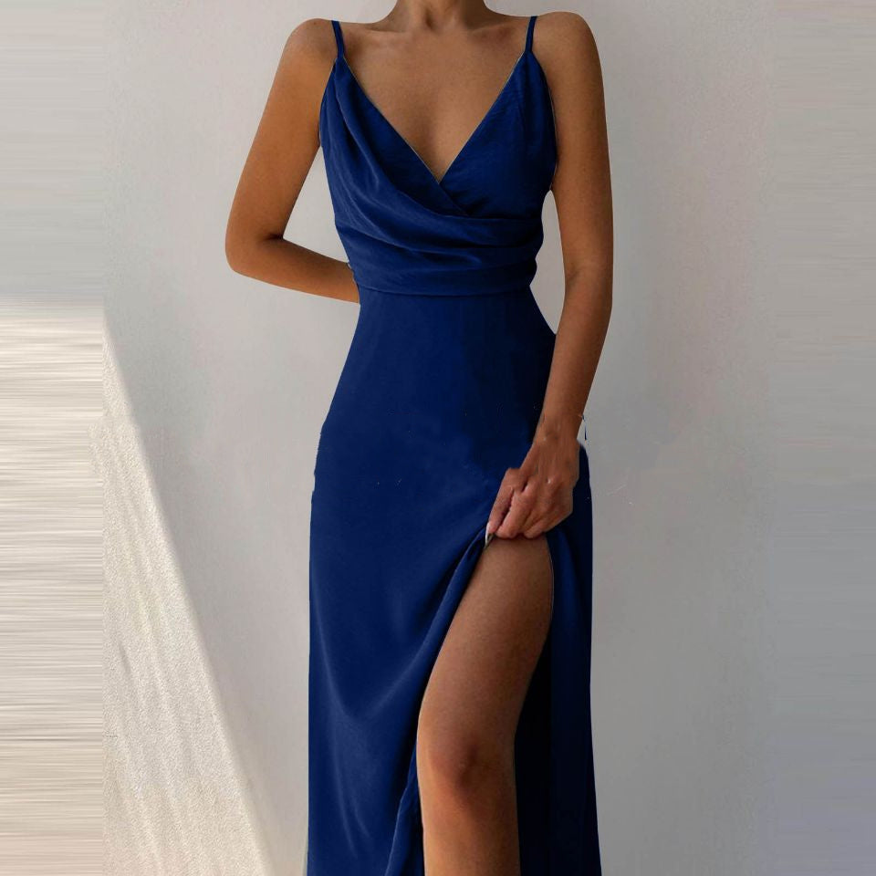 V-neck Slit Sling Dress Summer Fashion Sexy Slim Suspender Dresses For Women Clothing Navy Blue