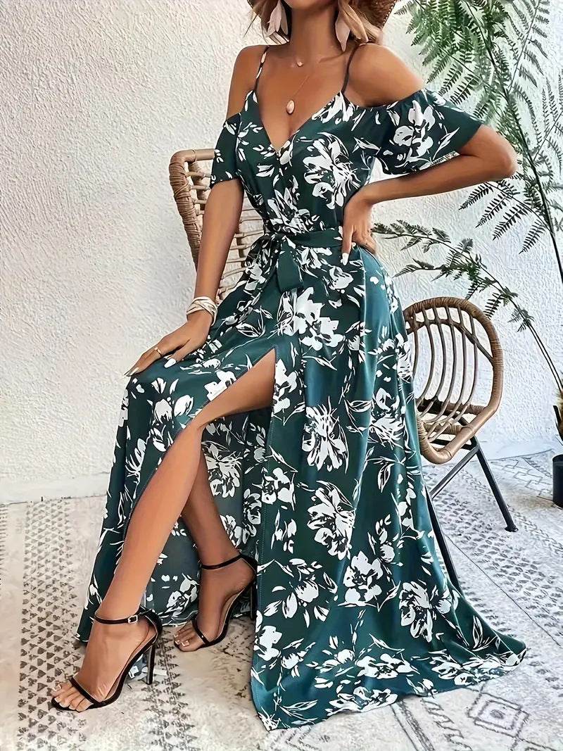 Ins Off-Shoulder Split Dress Summer Floral Print Suspender Long Dresses With Belt Design Women's Beach Clothing Green