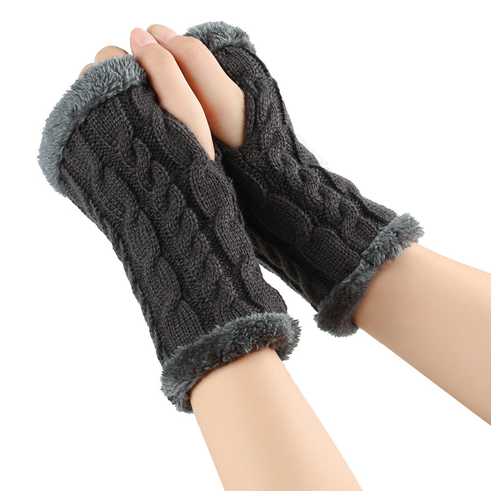 Winter Plush Gloves Twist Knitted Fingerless Fleece Gloves Women Warm Thickened Woolen Gloves Dark Grey One Size