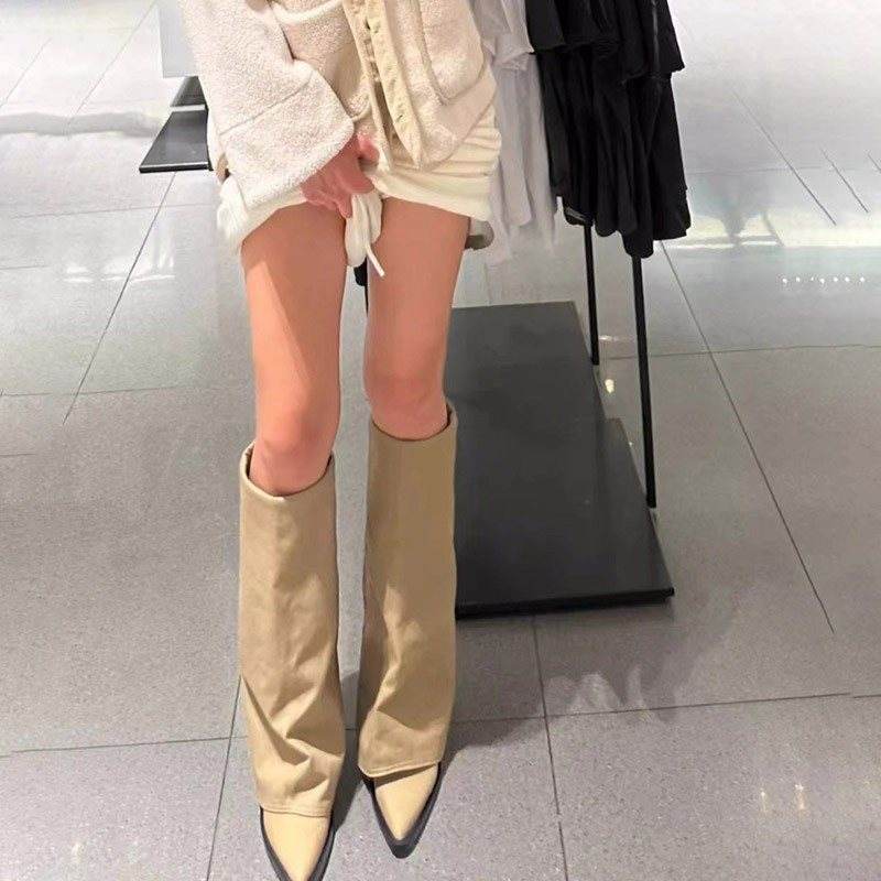 Autumn And Winter New Pointed Toe Chunky Heel Pantyhose Boots