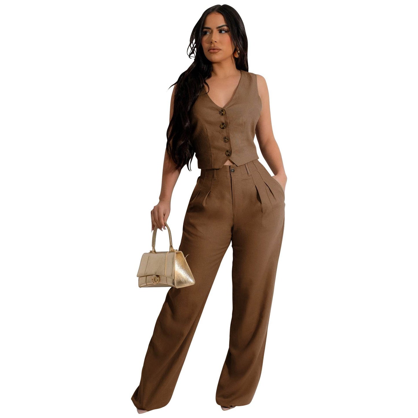 Two-piece Set Vest Jacket Suit Office OL Commuting Summer Brown