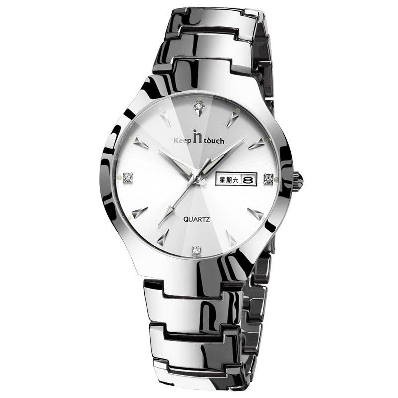 Luminous watch couple watch calendar quartz watch Silver Male
