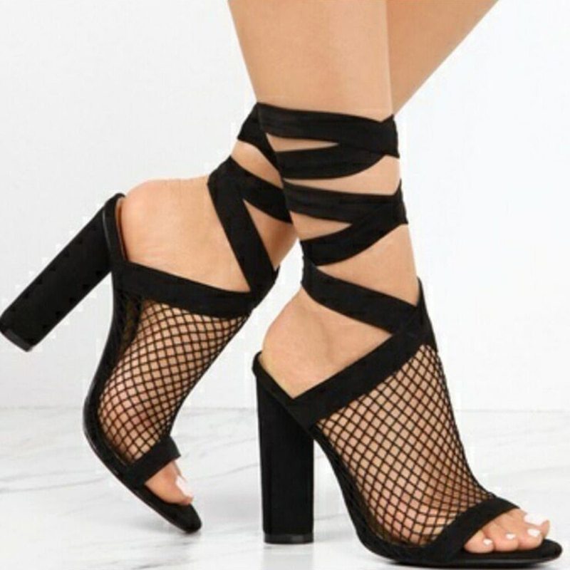 Women Sandals Bandage Flock Cross Strap Lace Up High Heels Sandal Black