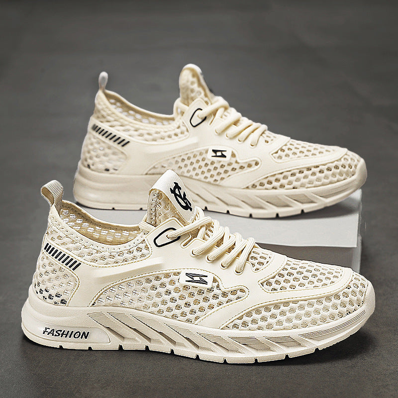 Men's Shoes Summer Hollow Breathable Casual Versatile Soft Bottom Beige