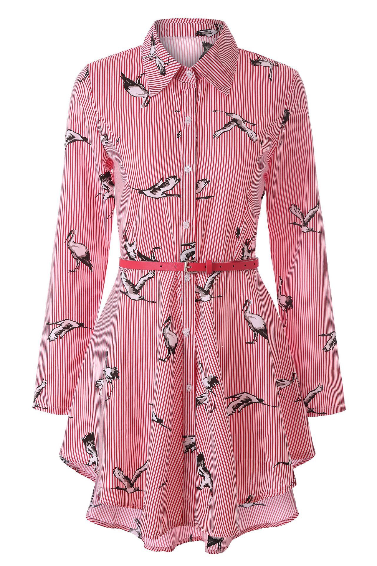 Long sleeve women's striped shirt Red Printed Bird