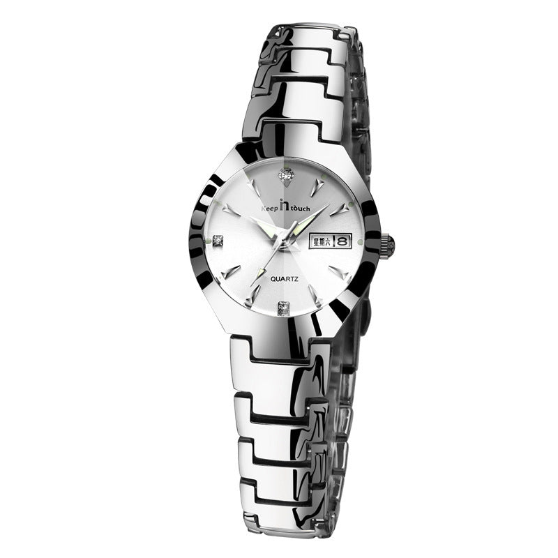 Luminous watch couple watch calendar quartz watch Silver Female