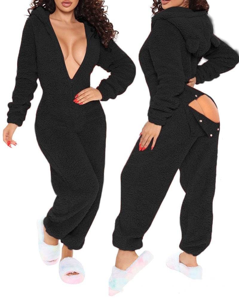 Long Sleeve Hooded Trousers Plush Homewear Pajamas Jumpsuit XH8021A bk