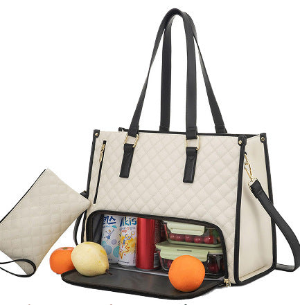 Convenient Commute New Lunch Bag Women's Insulated Lunch Box Women's Leak-proof Large Purse Diagonal Computer Storage Beige 36x16x30cm