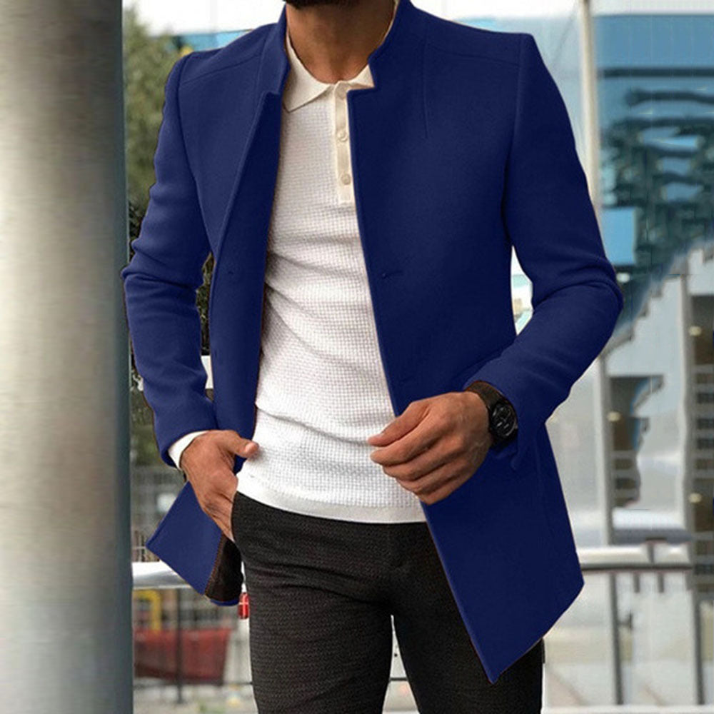 Men's Slim Coat Fashion Single-breasted Solid Color Business Jackets Fall And Winter Tops Outwear Clothing Blue