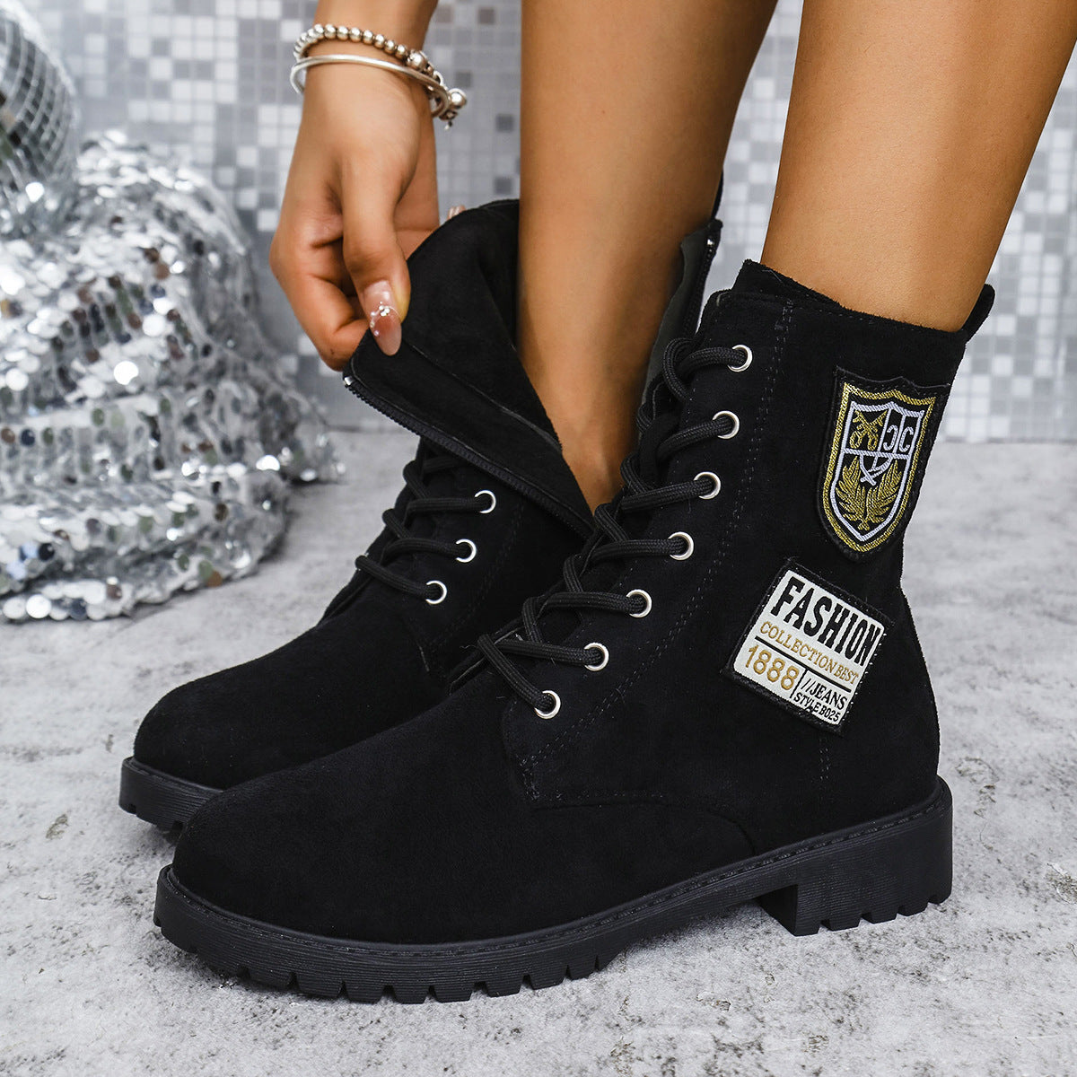 Fashion Lace-up Chunky Heels Boots Winter Round Toe Shoes For Women Black