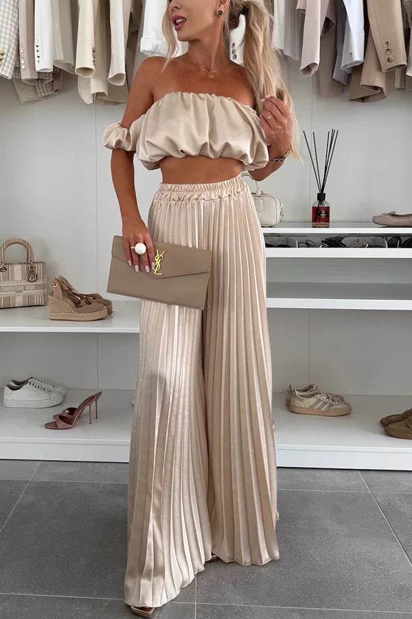 Women's Fashion Satin Tube Top Wide Leg Pants Suit Khaki