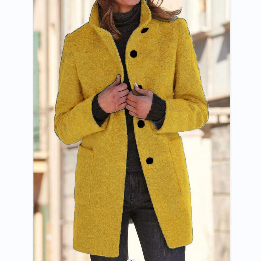 Fashion Stand Collar Woolen Coat With Pockets Fall Winter Casual Button Outwear For Women Clothing Yellow