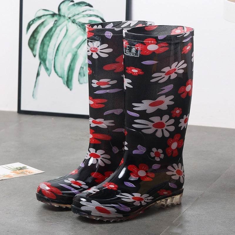 Women's Floral Knee-high Rain Boots Long Non-slip Wear-resistant Rain Boots New Red Flower