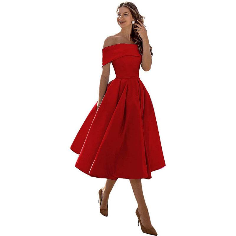 Women's Fashion Casual Strapless Satin Party Dress Off The Shoulder Tea Length Satin Prom Dresses With Pockts Formal Evening Party Dress Red