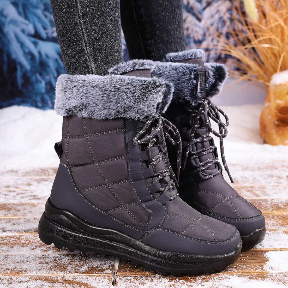 Women's High-top Snow Boots Fleece-lined Non-slip Waterproof Boots Gray