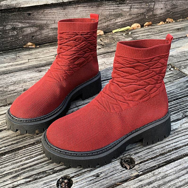 Women's Thick Heel Solid Color Casual And Comfortable Martin Boots Wine Red