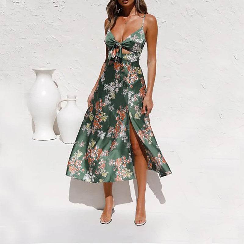 Flower Print Split Suspender Dress With Hollow Bowknot Design Ins Fashion Sleeveless Beach Dresses Summer Women's Clothing Green