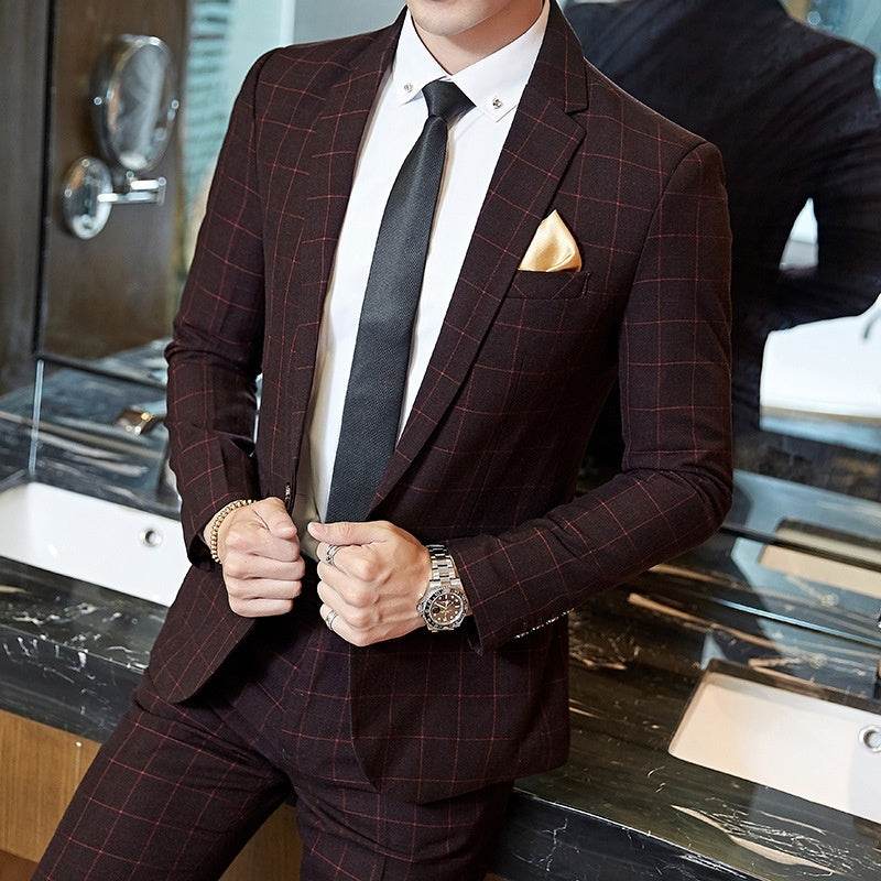Men's Korean-style Business Suit Slim-fit Plaid Casual Wear Wine Red
