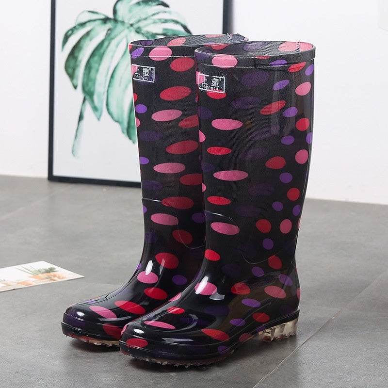 Women's Floral Knee-high Rain Boots Long Non-slip Wear-resistant Rain Boots Purplish Red Dots