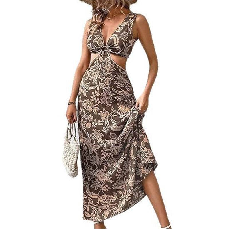 Women's Handmade Printed Waist-controlled Strap Vest Long Dress