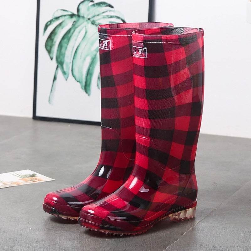 Women's Floral Knee-high Rain Boots Long Non-slip Wear-resistant Rain Boots Red Plaid