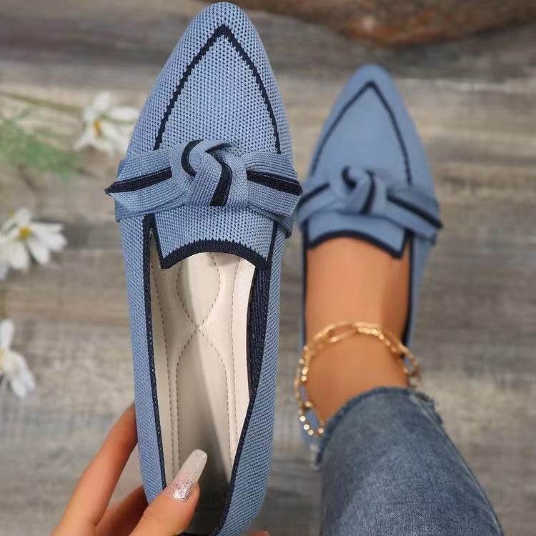 Fashion Pointed Toe Bow Flat Shoes For Women Lying Woven Slip-on Breathable Shoes Summer Blue