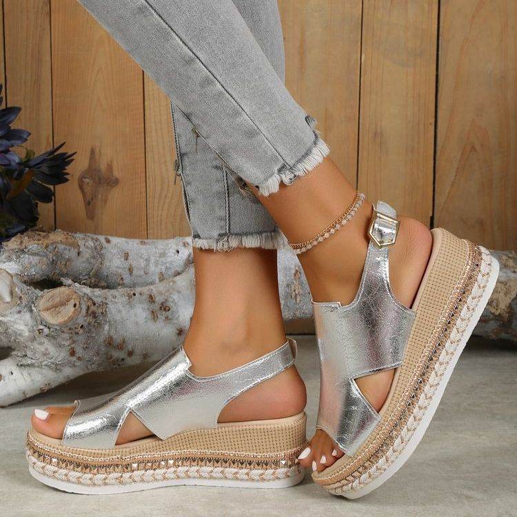 Summer Shiny Sandals Hollow Design Fish Mouth Sandal For Women Fashion Buckle Wedges Shoes Silver