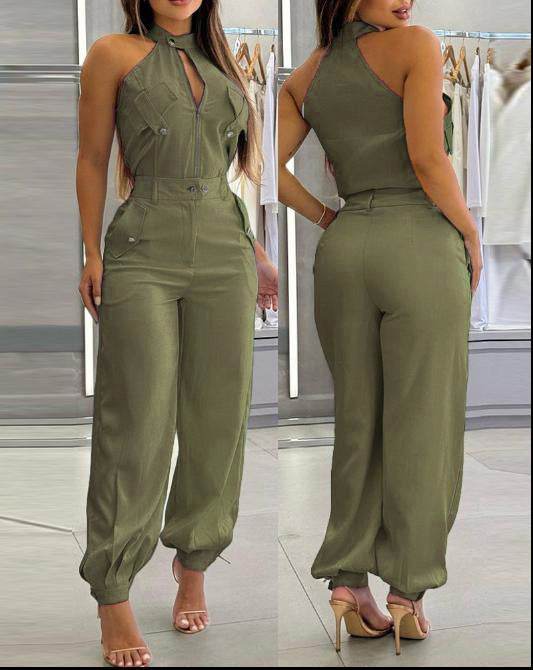 Halter Top Casual Working Pants Two-piece Suit Army Green