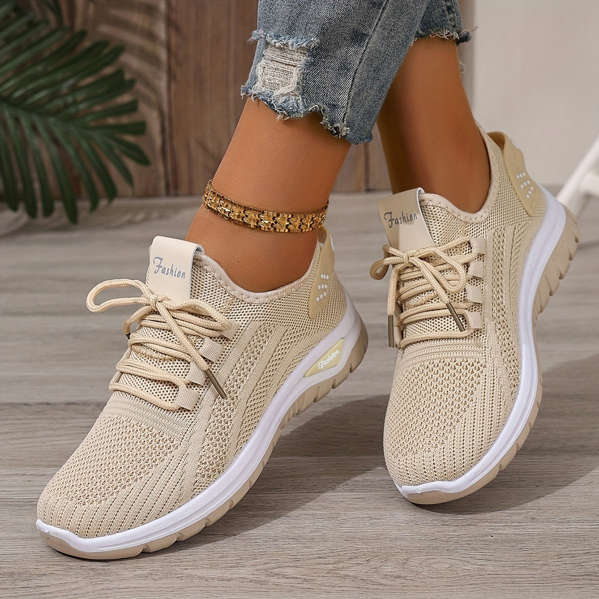 Flying Woven Shoes Women's Fashion Casual Mesh Sneaker Khaki